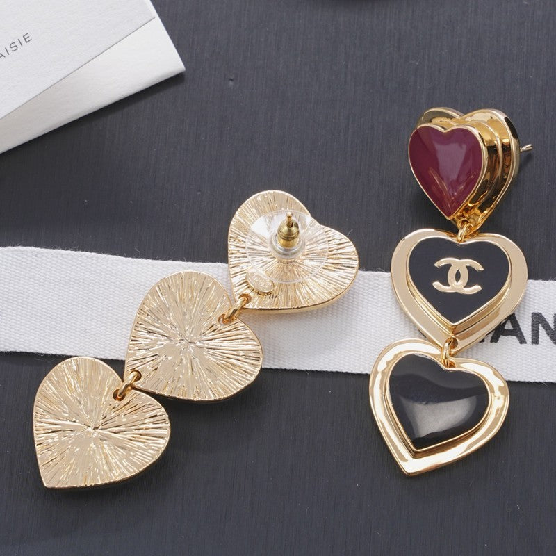 18K  Chanel Black & Red Heart Gold Long Earrings