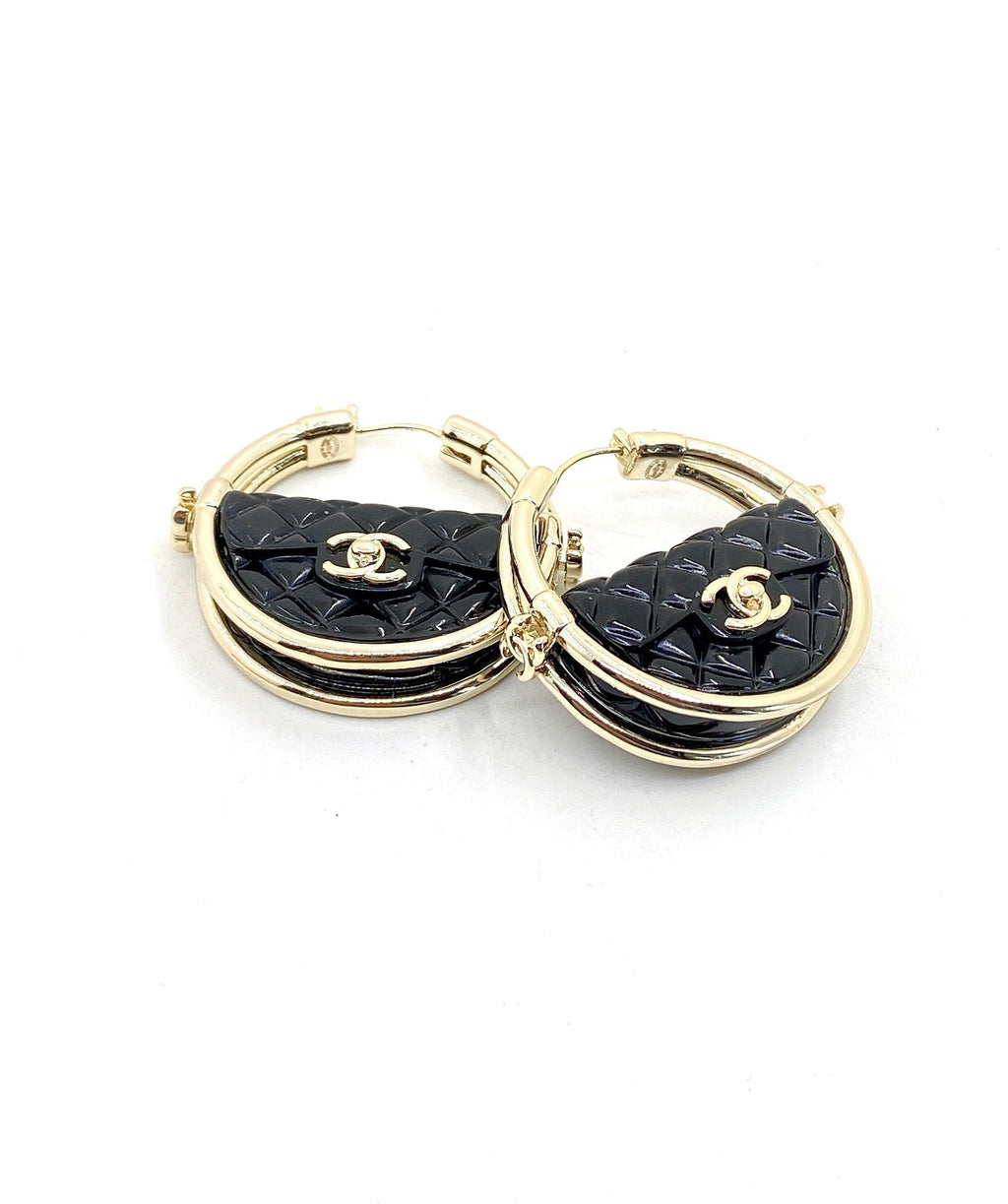 18K  Chanel Black Bag Earrings