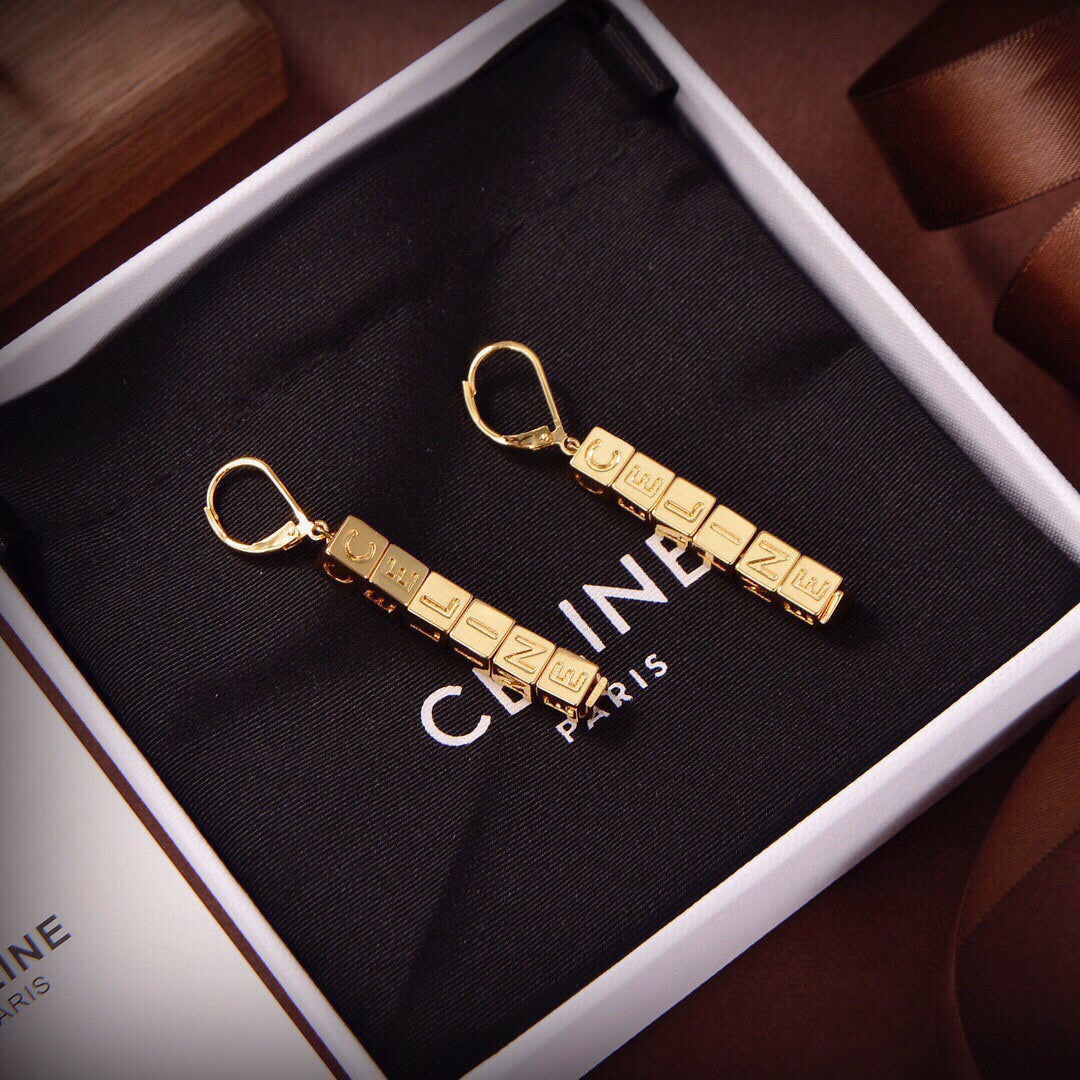 18K Celine Script Cube Earrings