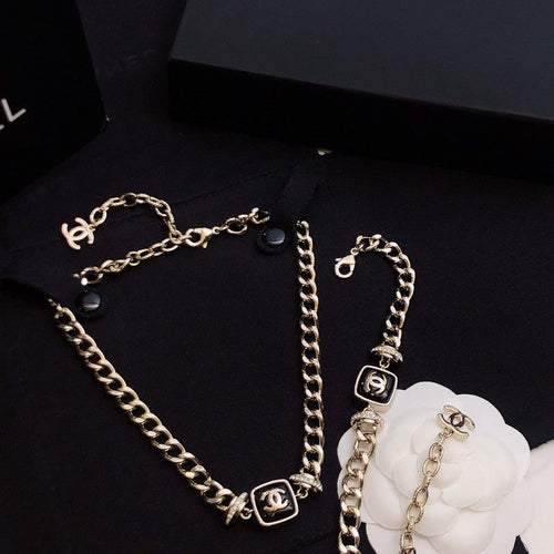 18K  Chanel Black Logo Gold Chain Necklace